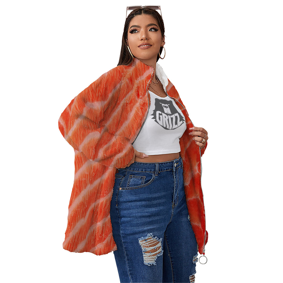 Texture Salmon Print Women's Sherpa Jacket-grizzshop