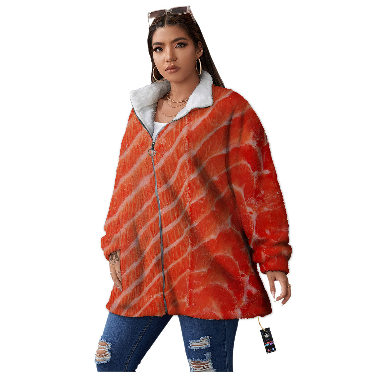 Texture Salmon Print Women's Sherpa Jacket-grizzshop