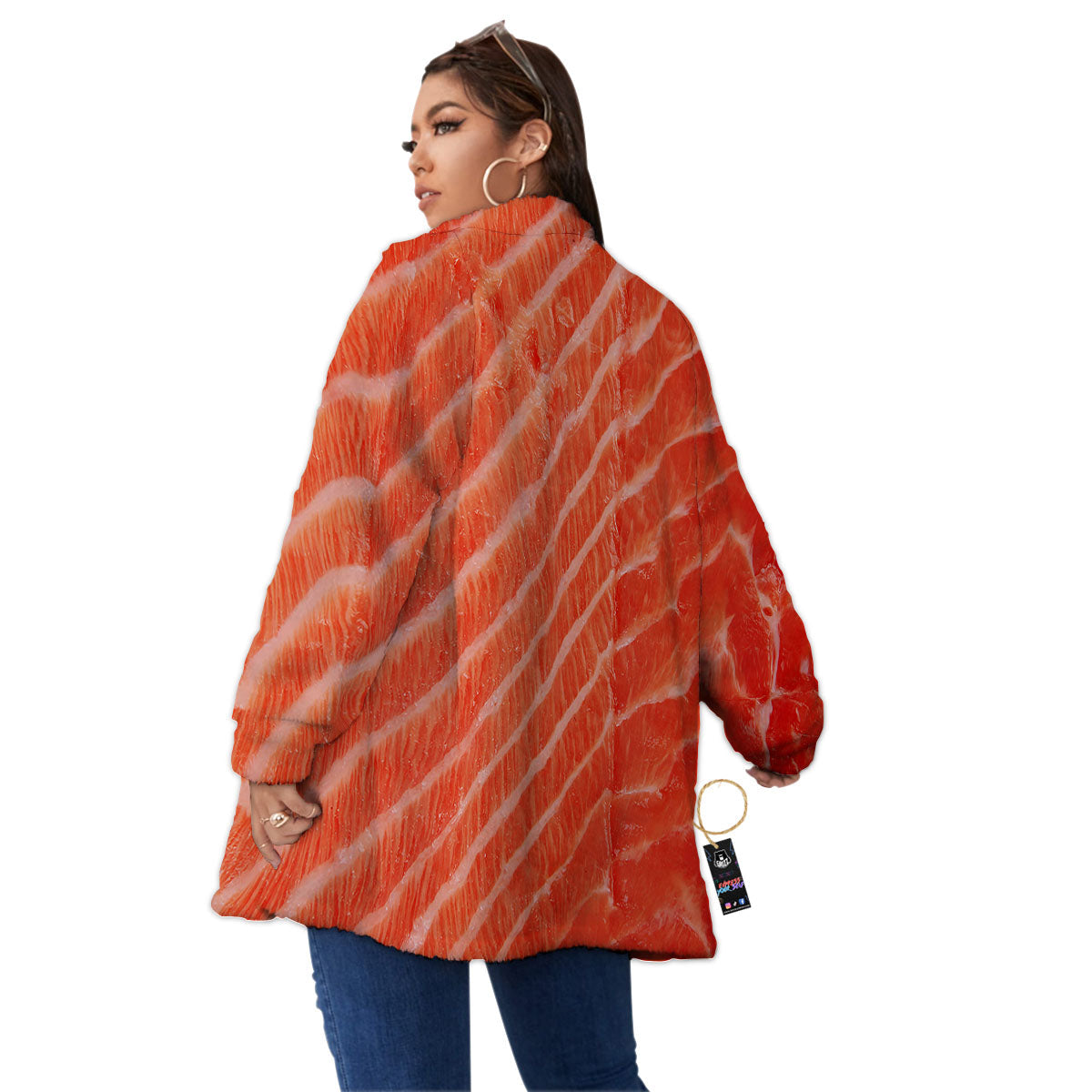 Texture Salmon Print Women's Sherpa Jacket-grizzshop
