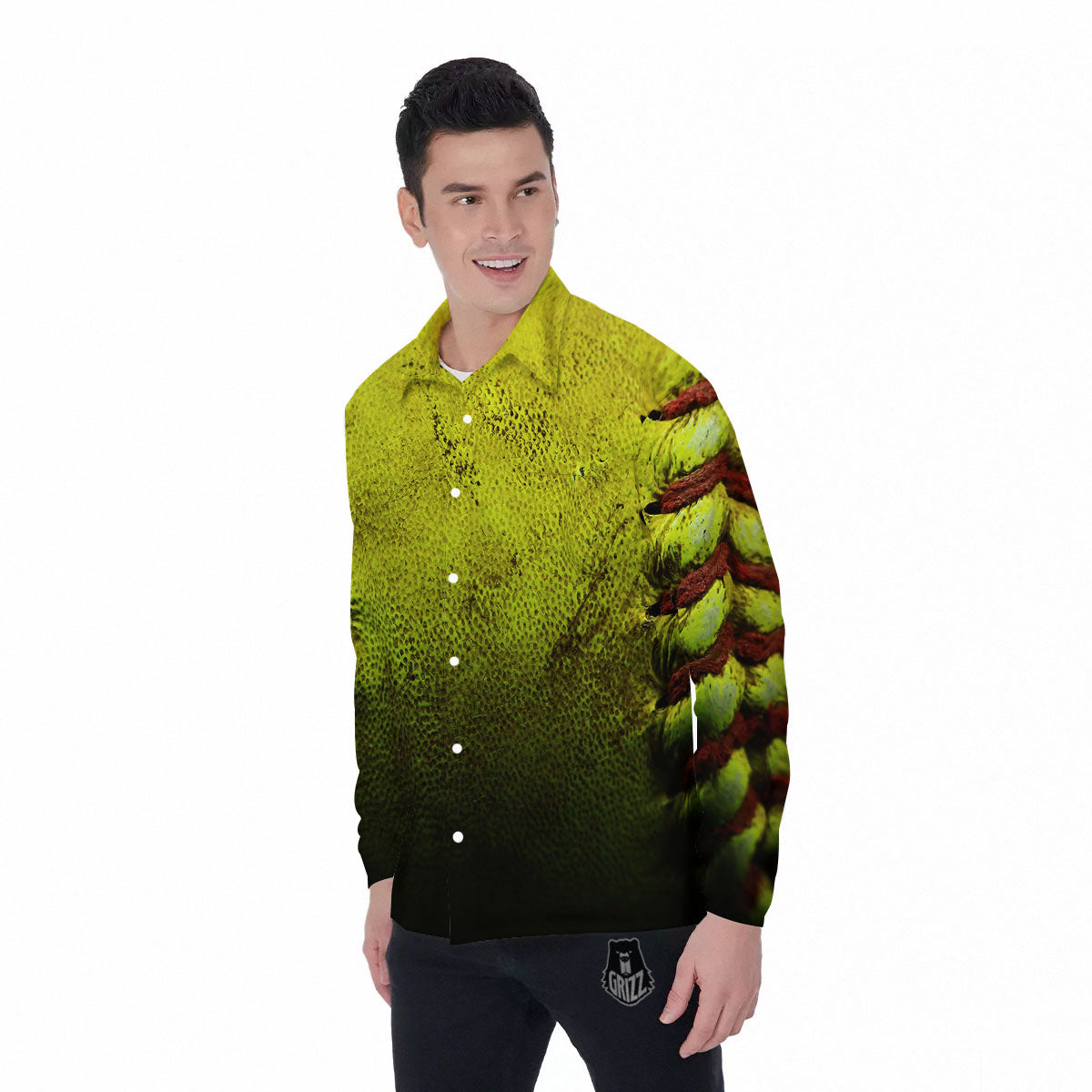 Texture Softball Ball Print Men's Long Sleeve Shirts-grizzshop