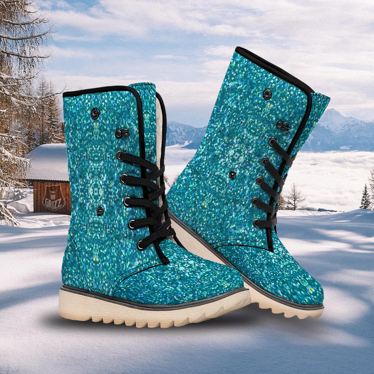 Texture Teal Glitter Print Pattern Snow Boots-grizzshop