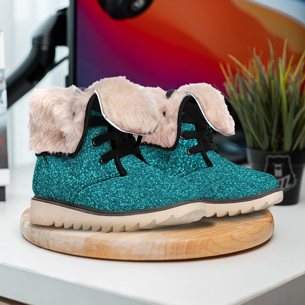 Texture Turquoise Glitter Print Pattern Snow Boots-grizzshop