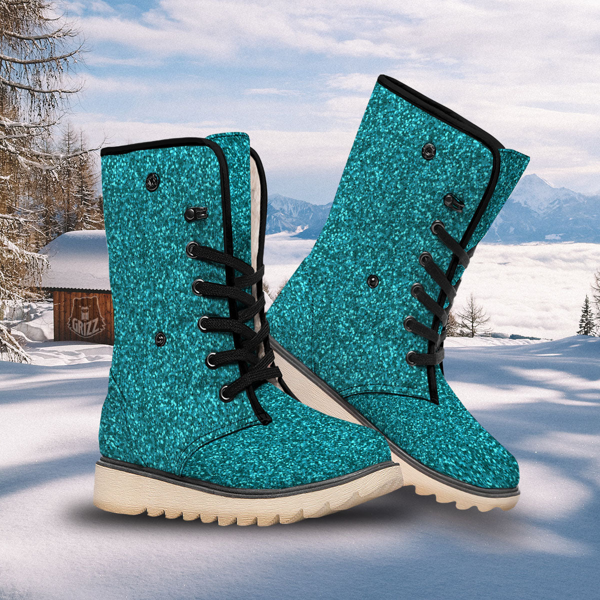 Texture Turquoise Glitter Print Pattern Snow Boots-grizzshop