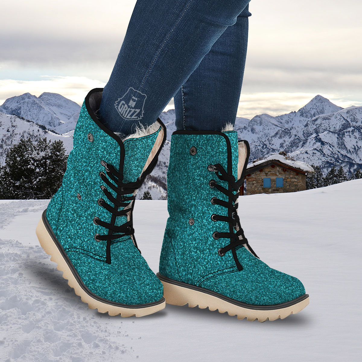 Texture Turquoise Glitter Print Pattern Snow Boots-grizzshop