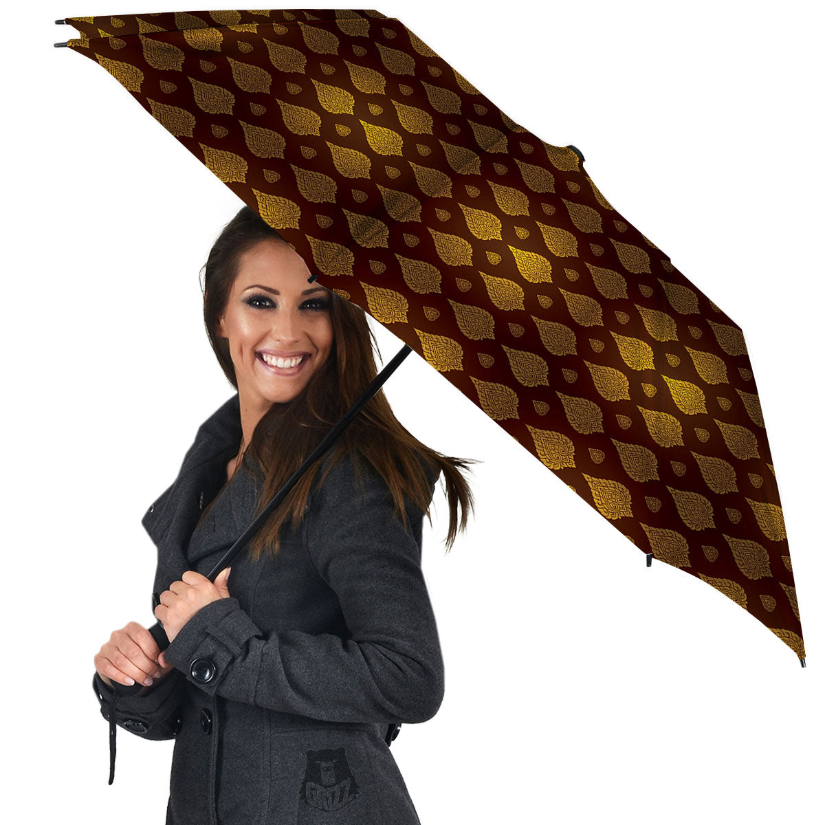 Thai Art Brown And Gold Print Pattern Umbrella-grizzshop