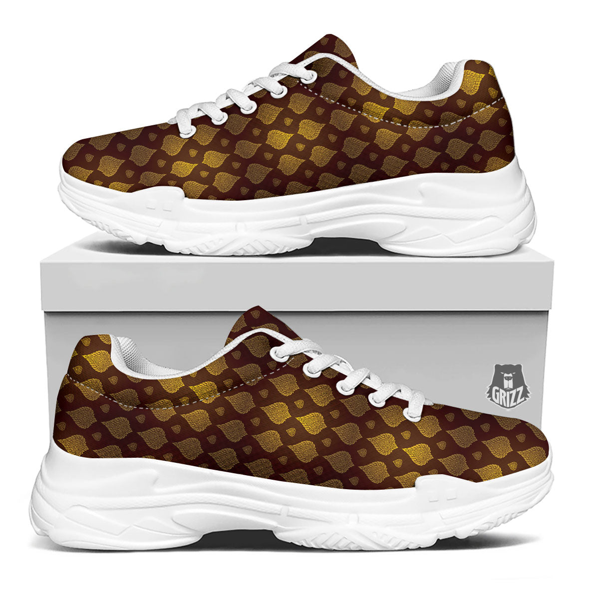 Thai Art Brown And Gold Print Pattern White Chunky Shoes-grizzshop