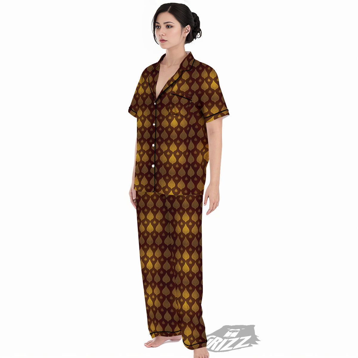 Thai Art Brown And Gold Print Pattern Women's Pajamas Set-grizzshop