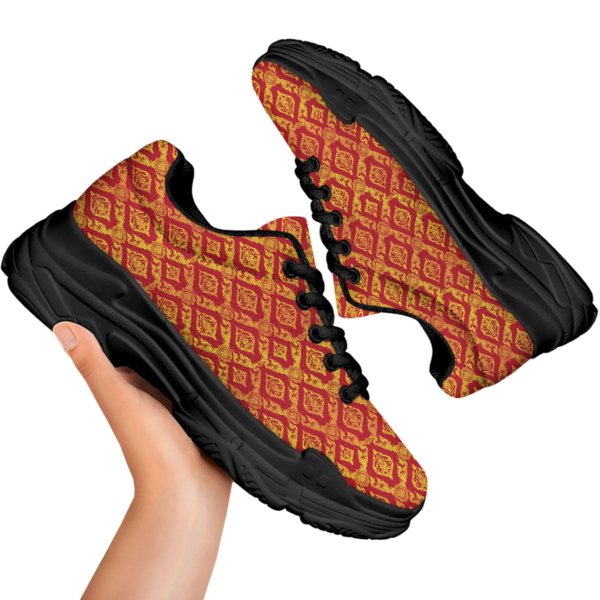 Thai Art Red And Gold Print Pattern Black Chunky Shoes-grizzshop