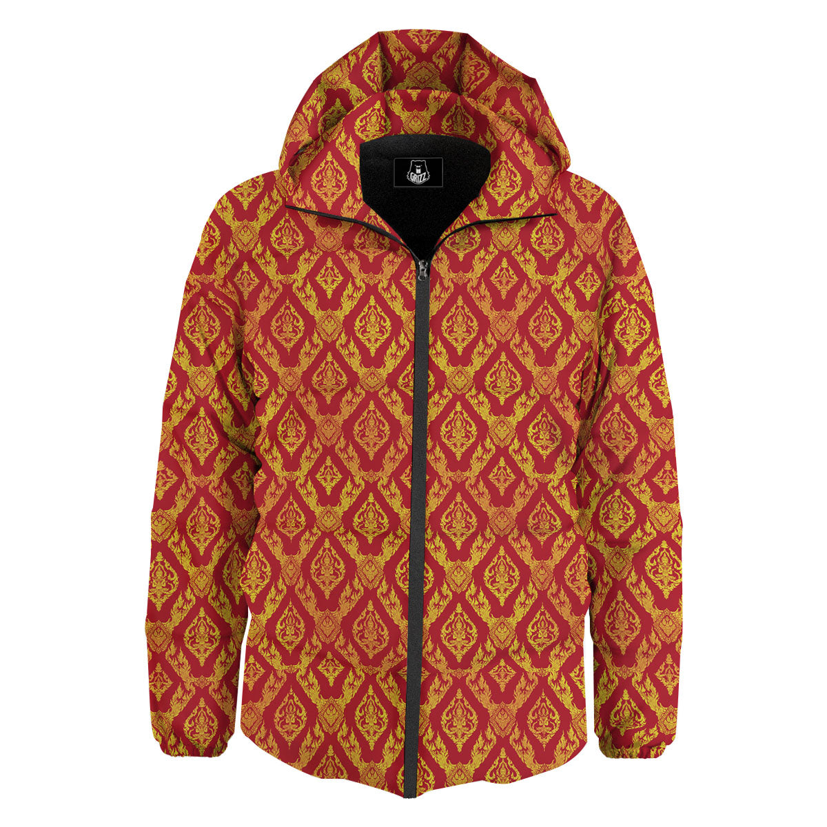 Thai Art Red And Gold Print Pattern Down Jacket-grizzshop