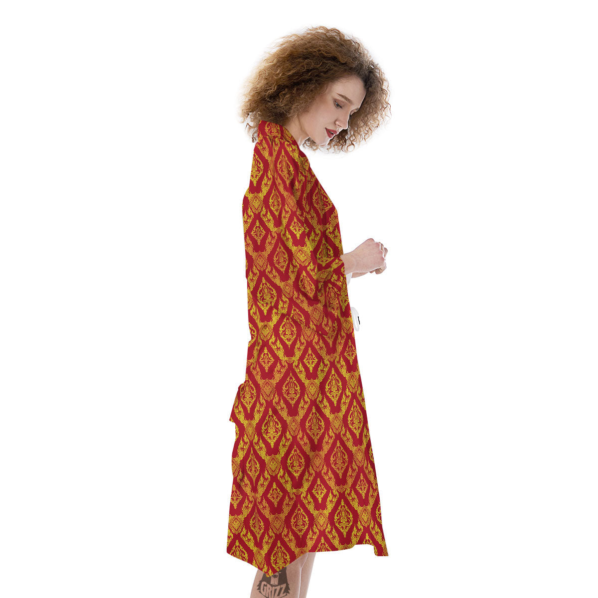 Thai Art Red And Gold Print Pattern Kimono-grizzshop