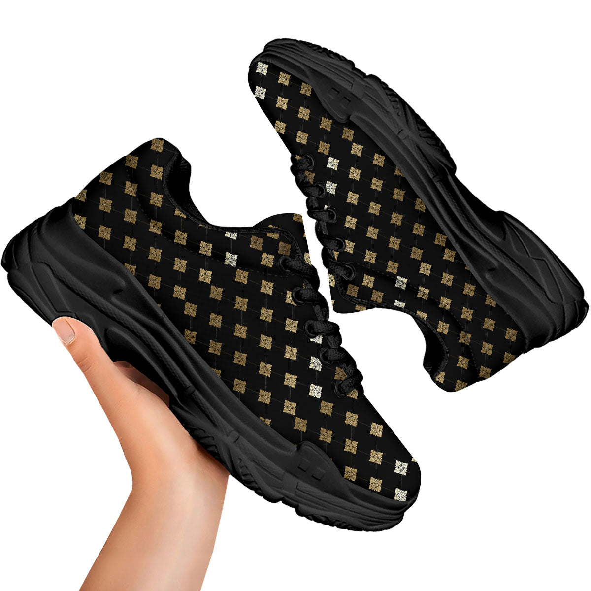 Thai Black And Gold Print Pattern Black Chunky Shoes-grizzshop