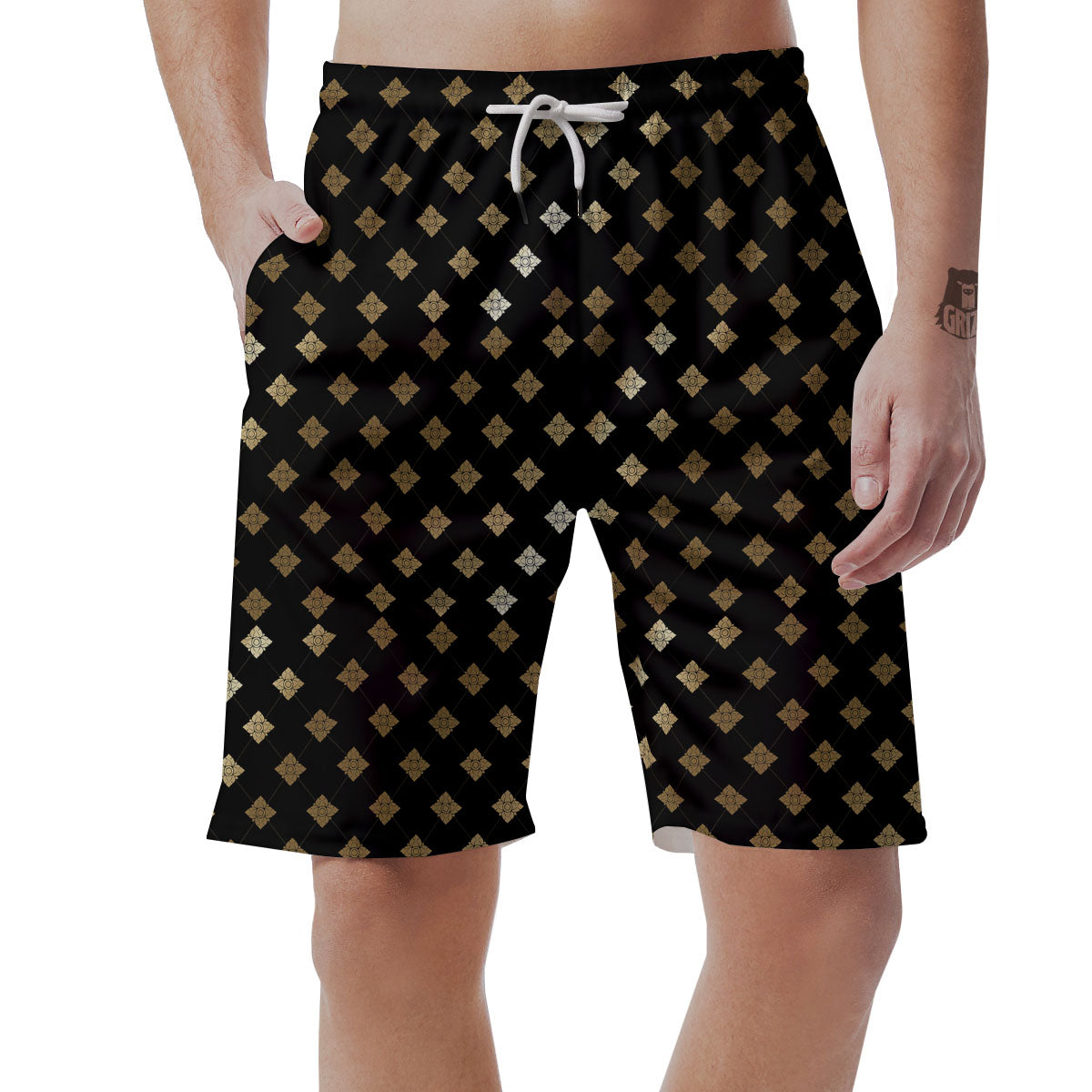Men Lion Head Black and Gold Detail Shorts