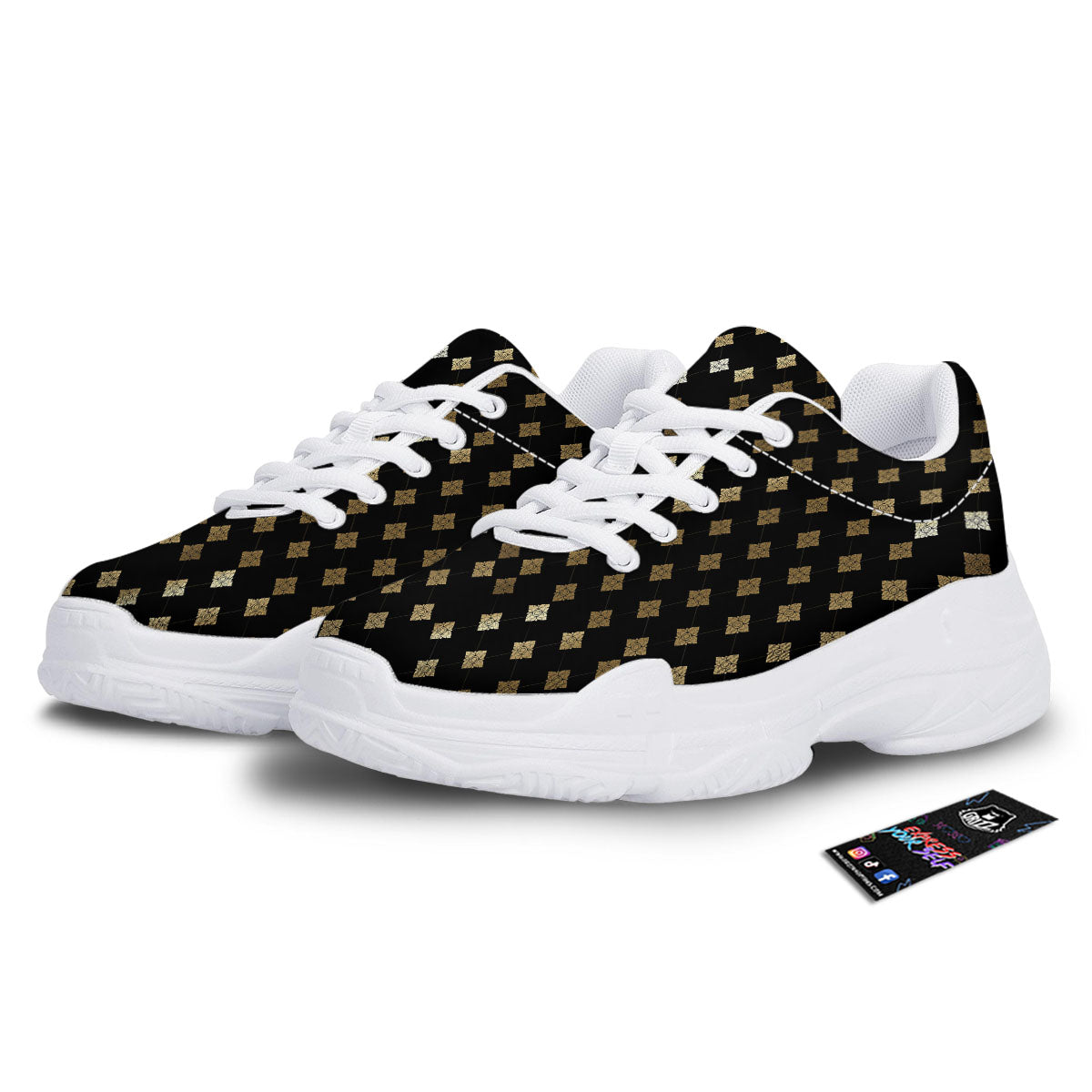 Thai Black And Gold Print Pattern White Chunky Shoes-grizzshop