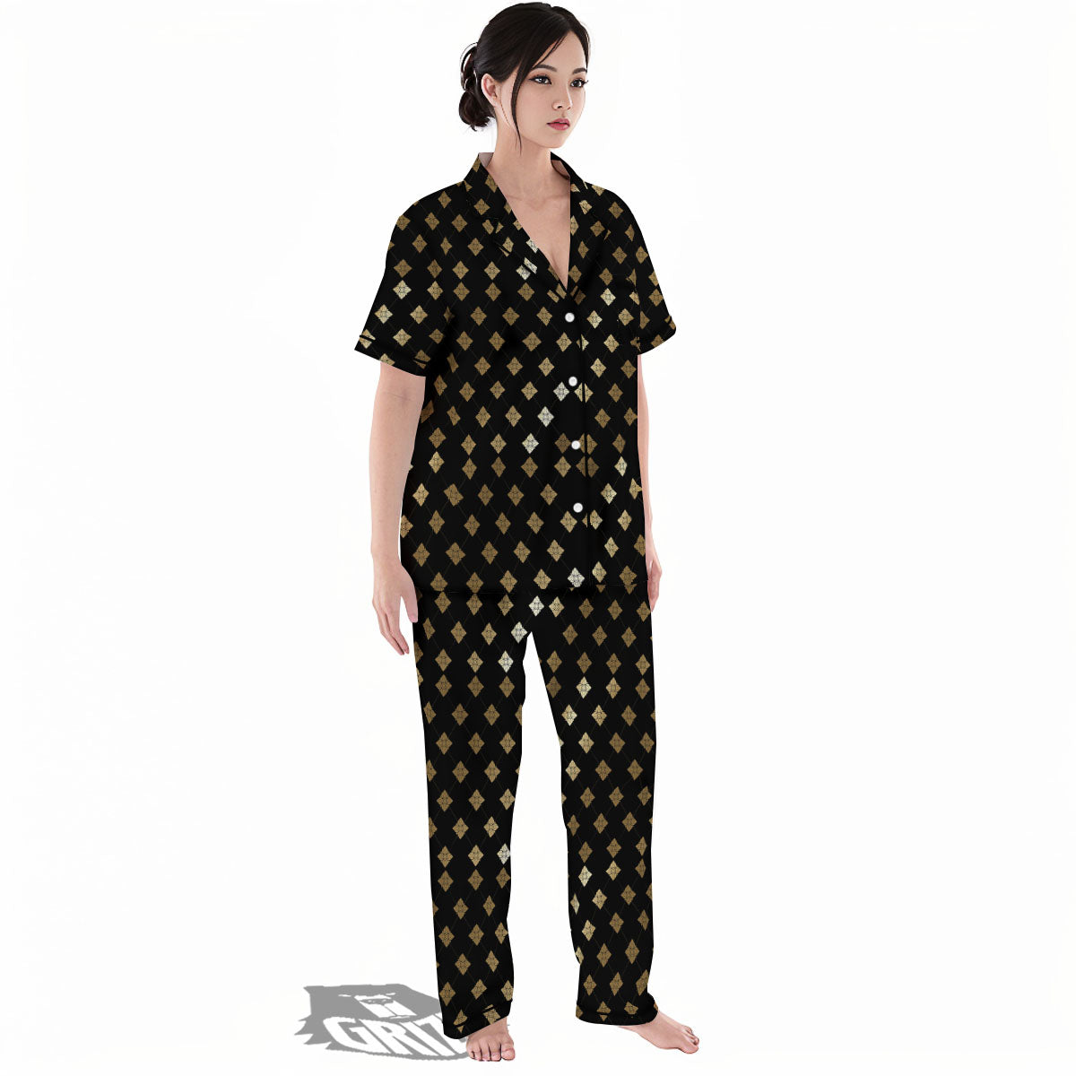 Thai Black And Gold Print Pattern Women's Pajamas Set-grizzshop