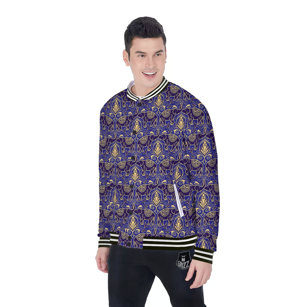 Thai Ethnic Elephant Print Pattern Baseball Jacket-grizzshop