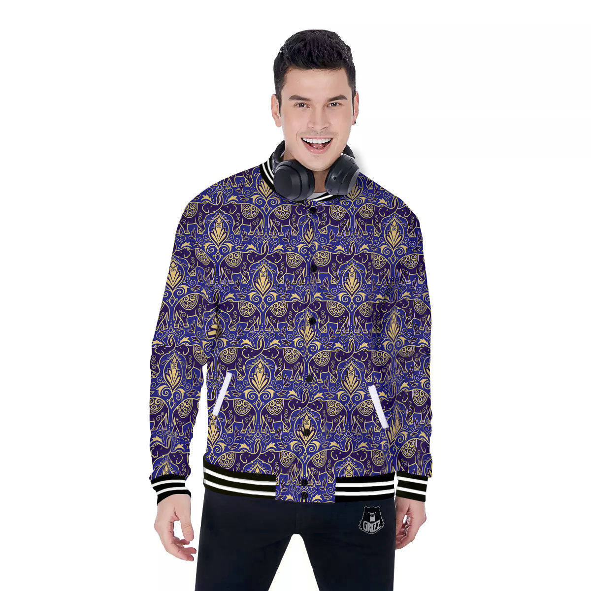 Thai Ethnic Elephant Print Pattern Baseball Jacket-grizzshop