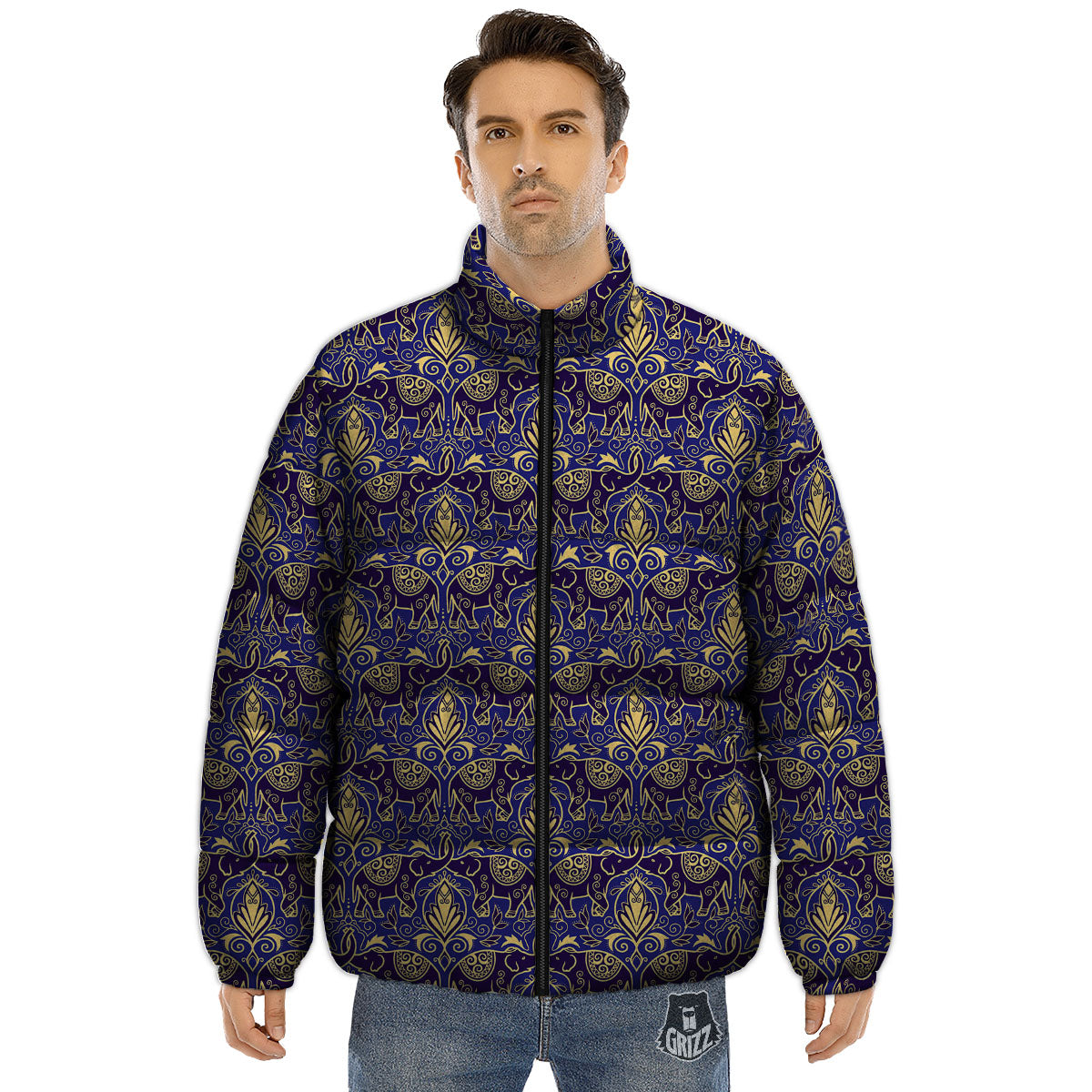 Thai Ethnic Elephant Print Pattern Puffer Jacket-grizzshop