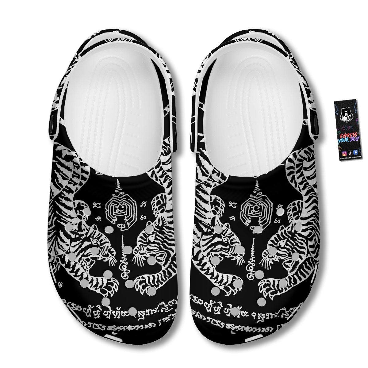 Thai Tattoo White And Black Print Clog-grizzshop