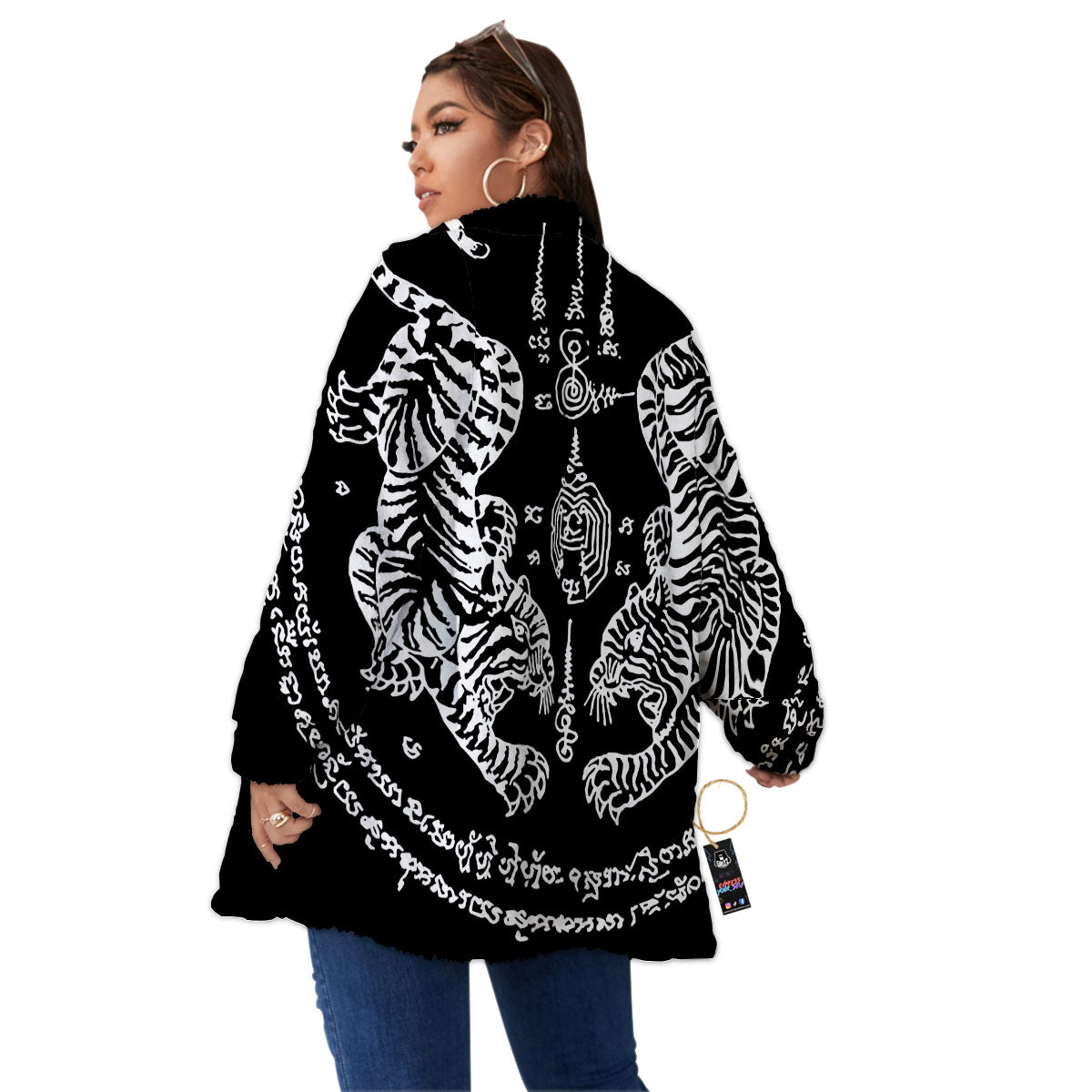Thai Tattoo White And Black Print Women's Sherpa Jacket-grizzshop