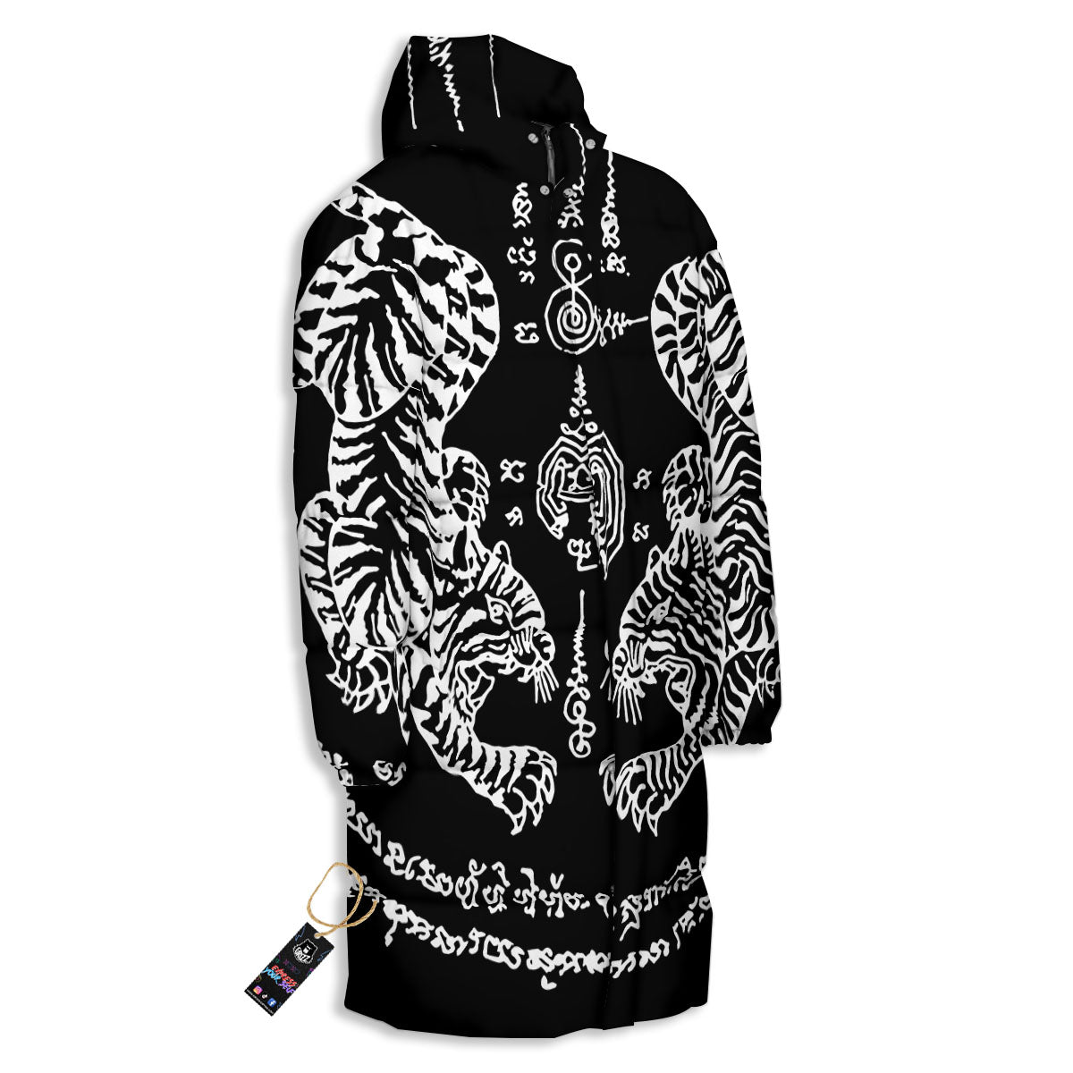 Thai Tattoo White And Black Print Long Down Jacket