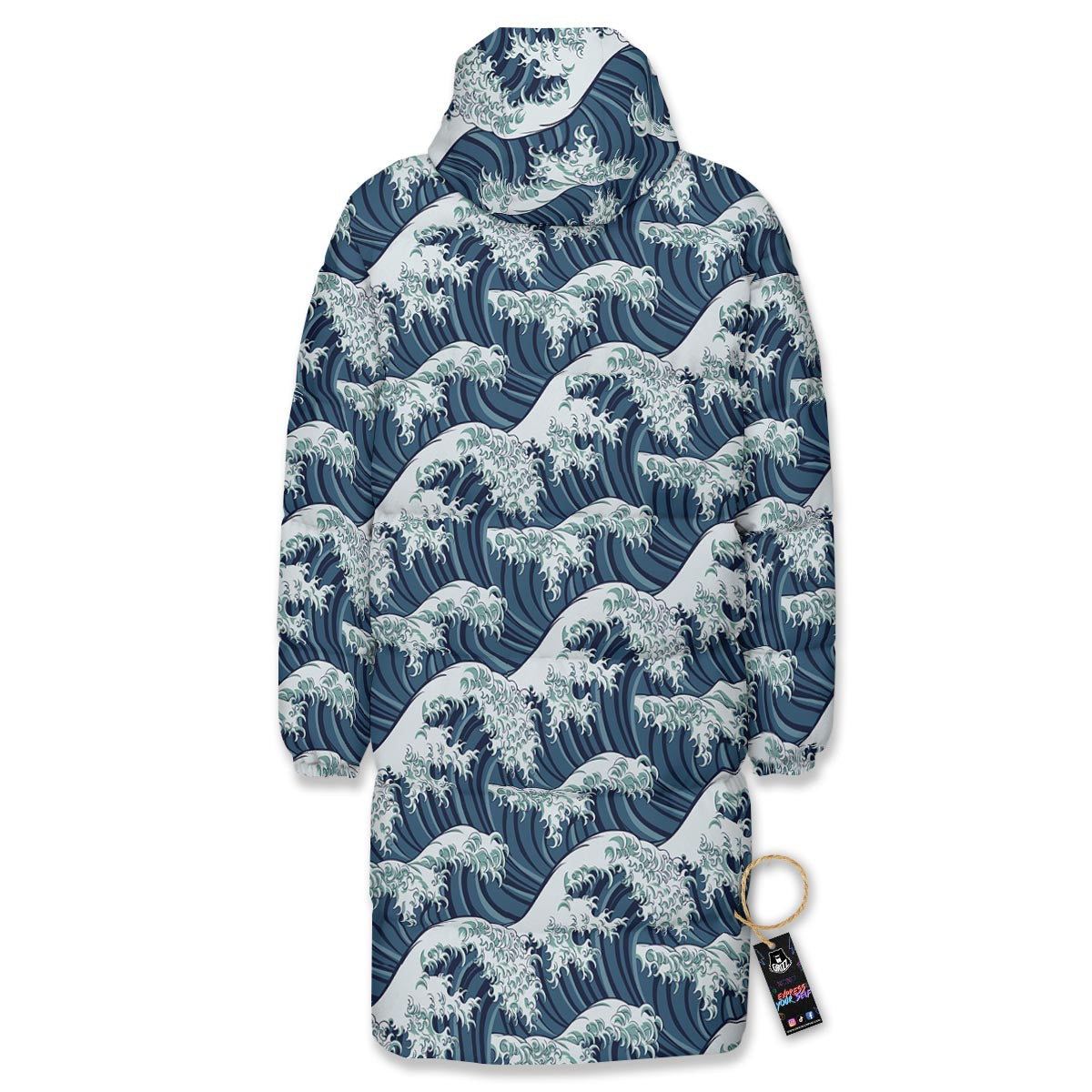 The Great Kanagawa Wave Print Pattern Long Down Jacket-grizzshop