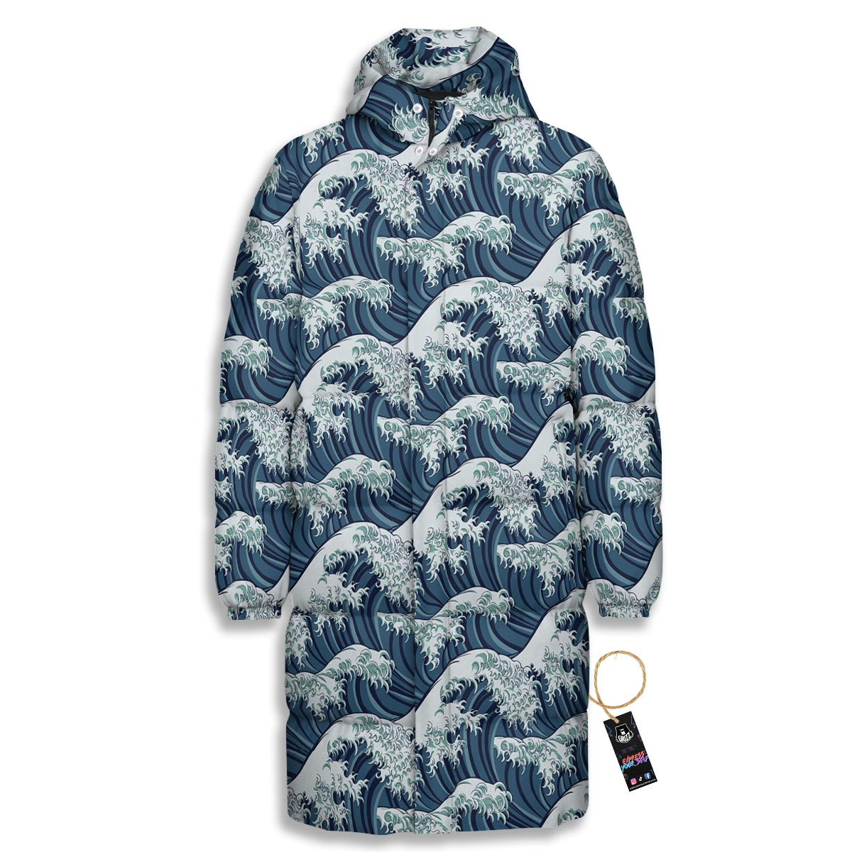 The Great Kanagawa Wave Print Pattern Long Down Jacket-grizzshop