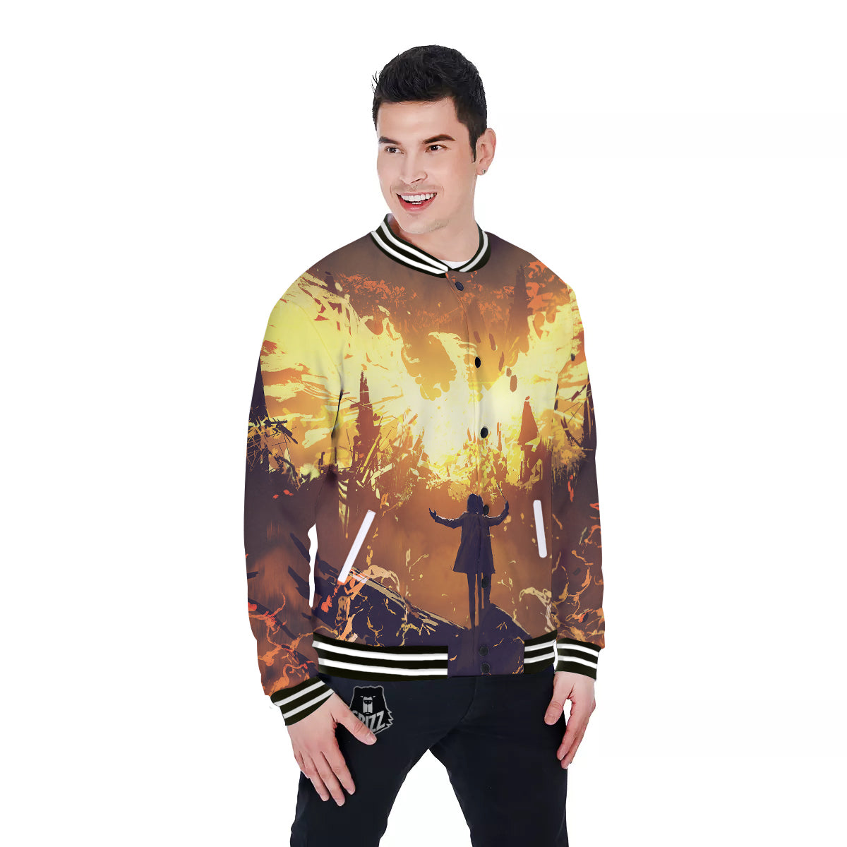 The Man And Phoenix Print Baseball Jacket-grizzshop