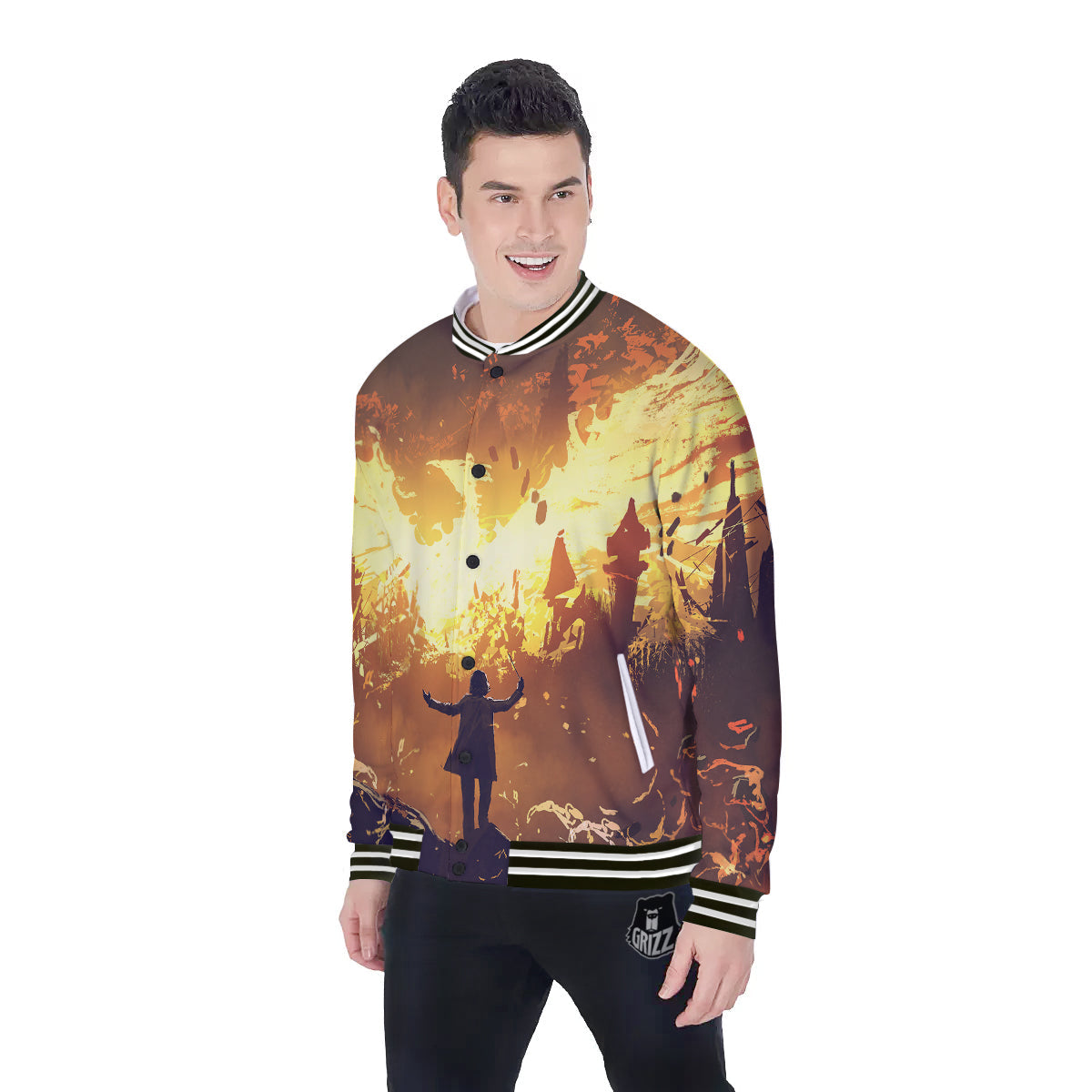 The Man And Phoenix Print Baseball Jacket-grizzshop