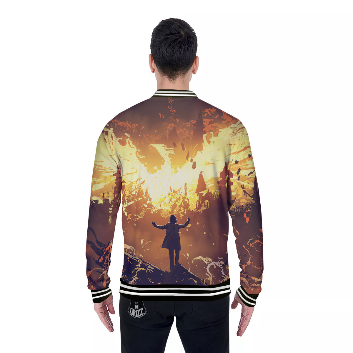 The Man And Phoenix Print Baseball Jacket-grizzshop
