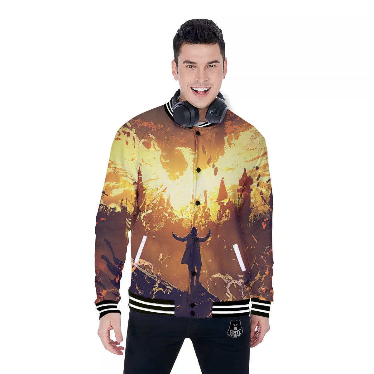 The Man And Phoenix Print Baseball Jacket-grizzshop