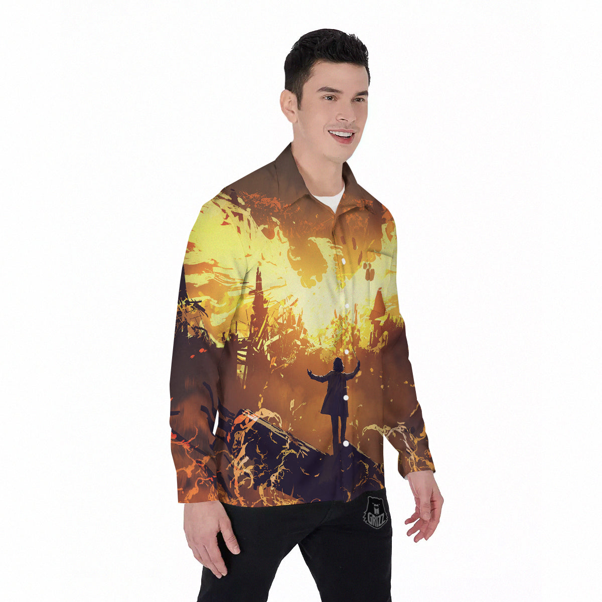 The Man And Phoenix Print Men's Long Sleeve Shirts-grizzshop