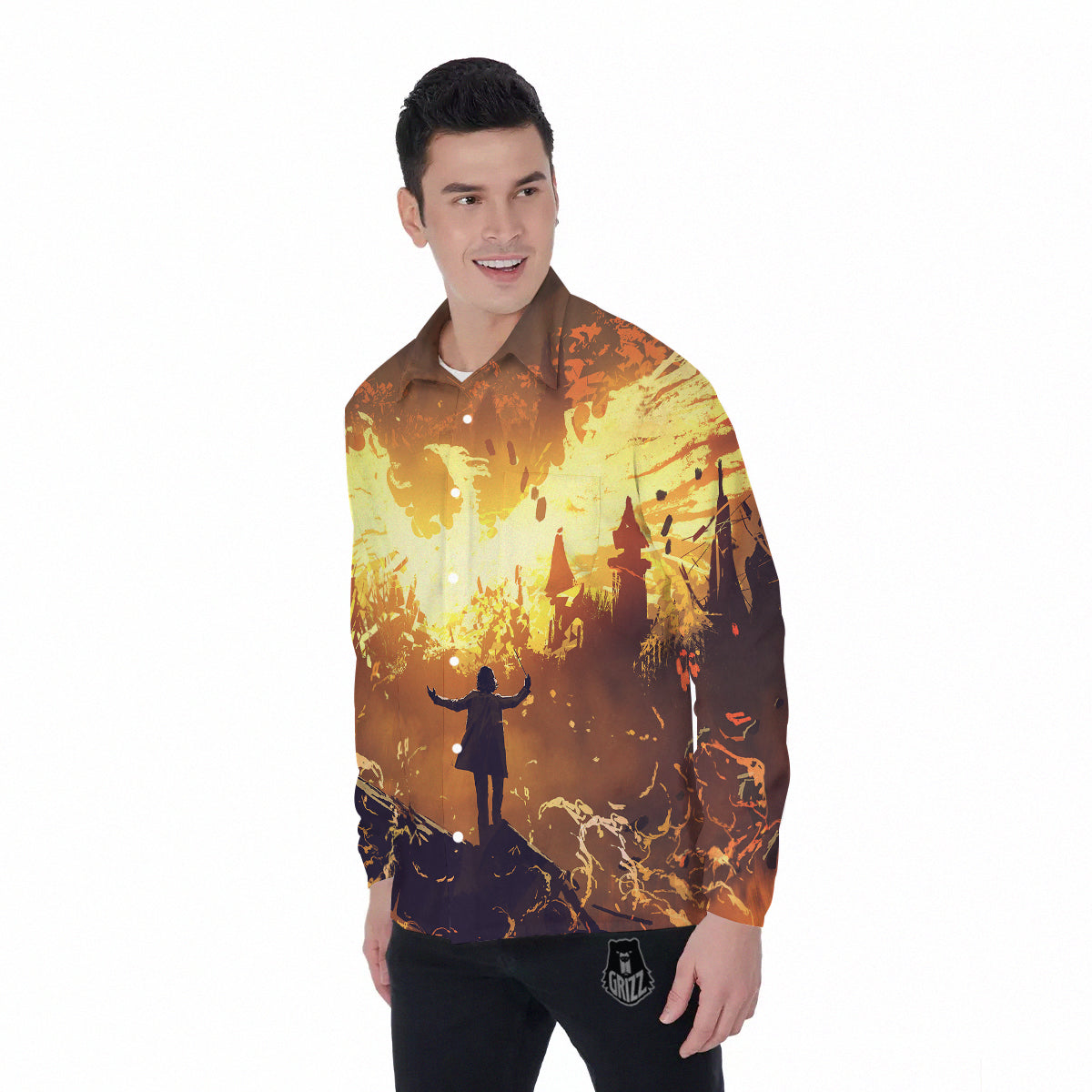 The Man And Phoenix Print Men's Long Sleeve Shirts-grizzshop