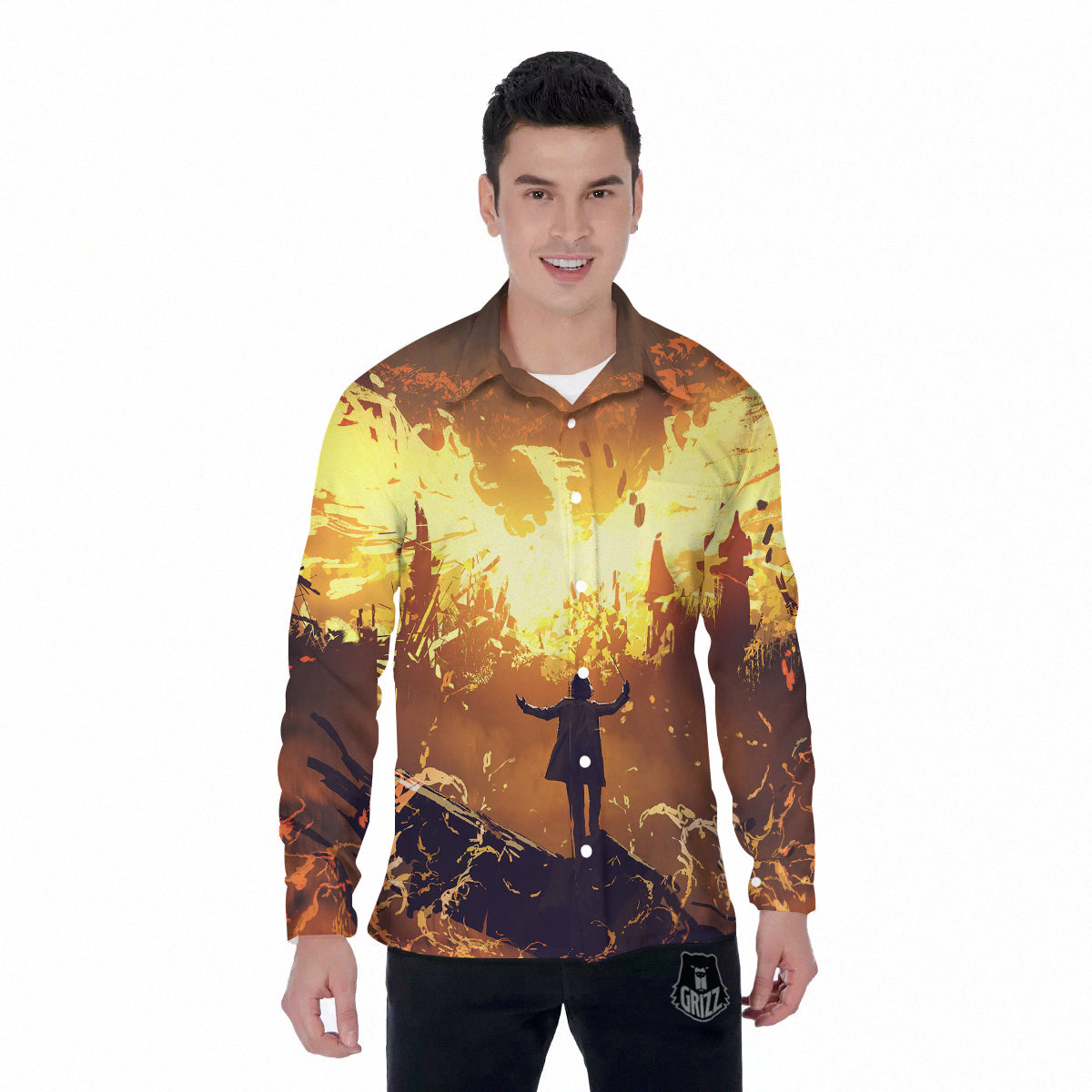 The Man And Phoenix Print Men's Long Sleeve Shirts-grizzshop