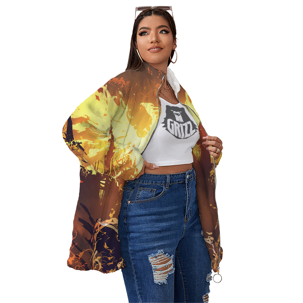 The Man And Phoenix Print Women's Sherpa Jacket-grizzshop