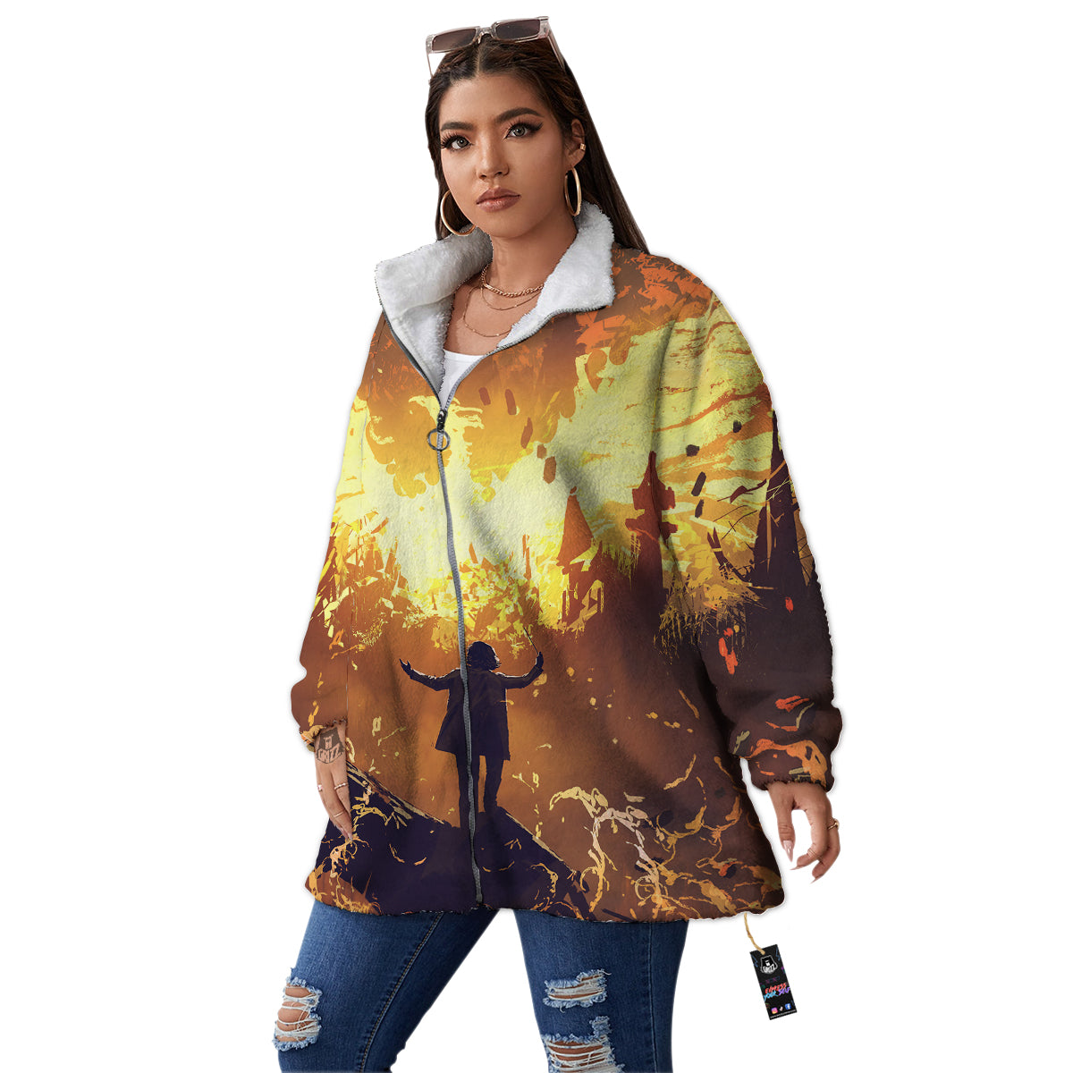 The Man And Phoenix Print Women's Sherpa Jacket-grizzshop