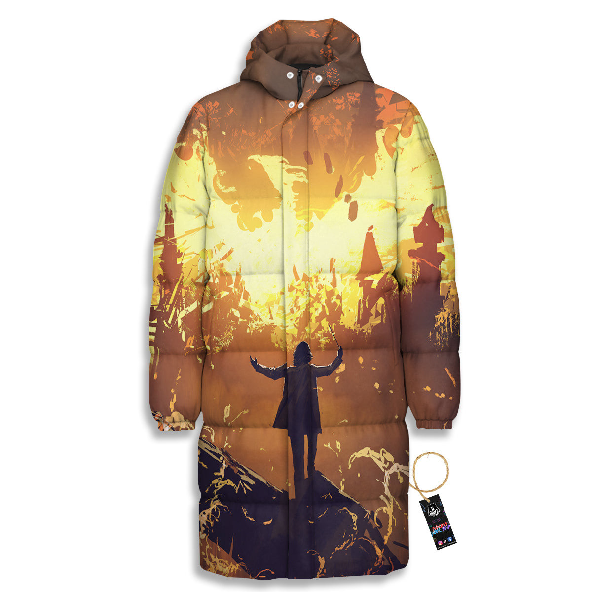 The Man And Phoenix Print Long Down Jacket