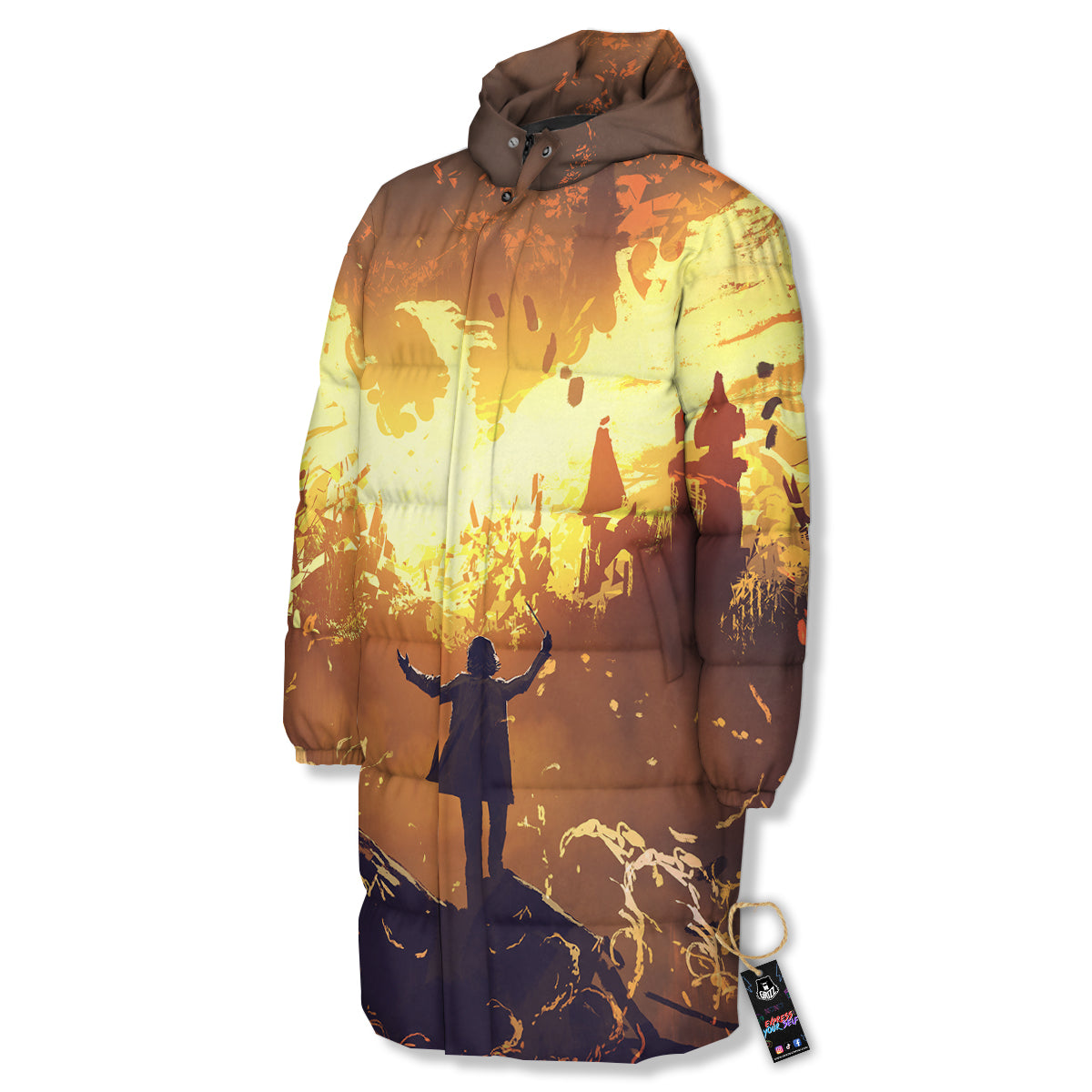The Man And Phoenix Print Long Down Jacket