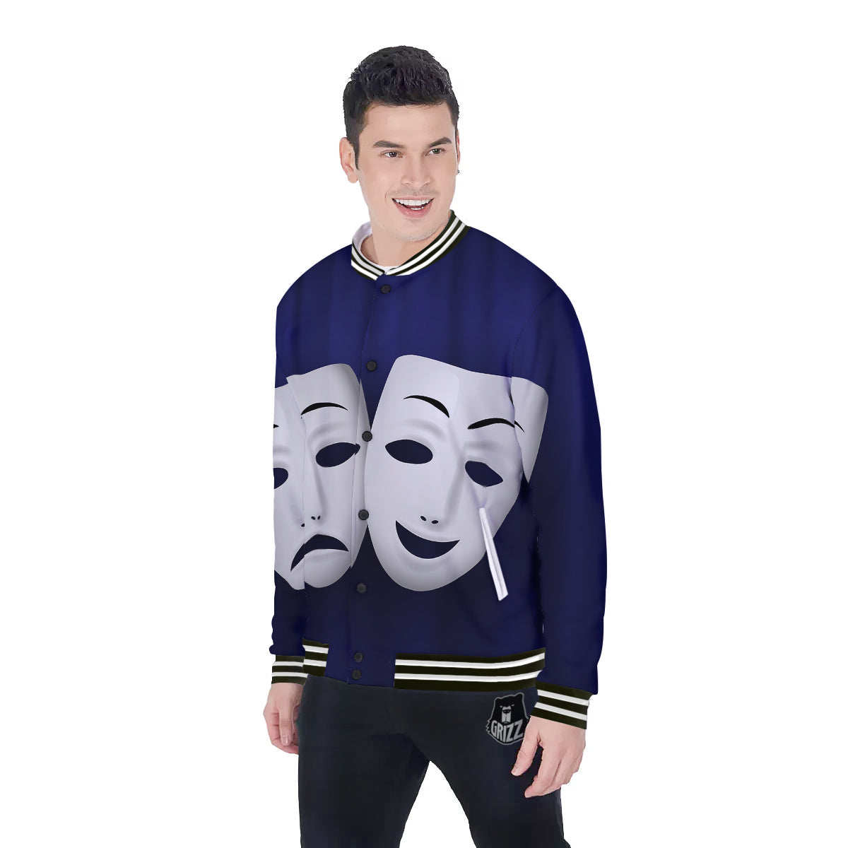 Theater Masks Tragedy And Comedy Print Baseball Jacket-grizzshop