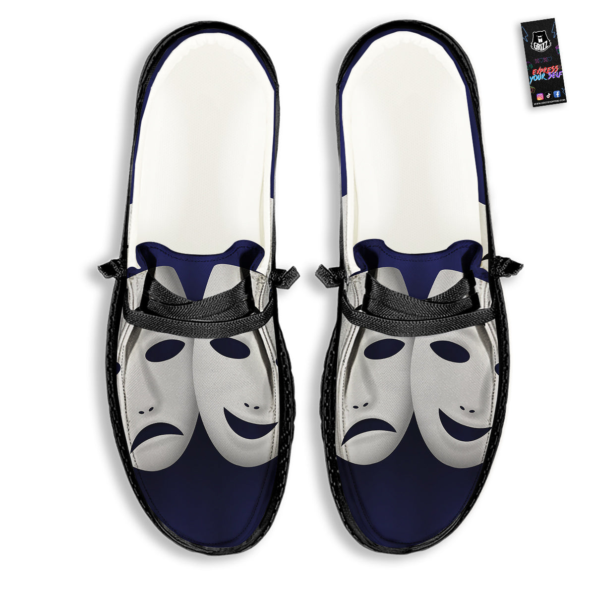 Theater Masks Tragedy And Comedy Print Black Loafers-grizzshop