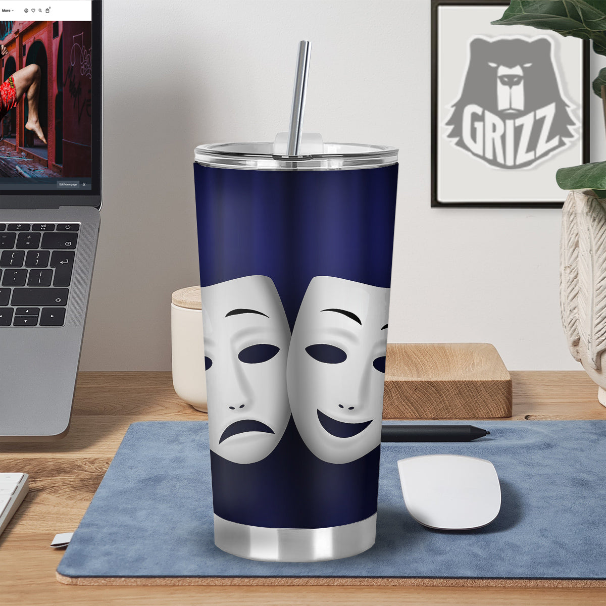 Theater Masks Tragedy And Comedy Print Tumbler-grizzshop