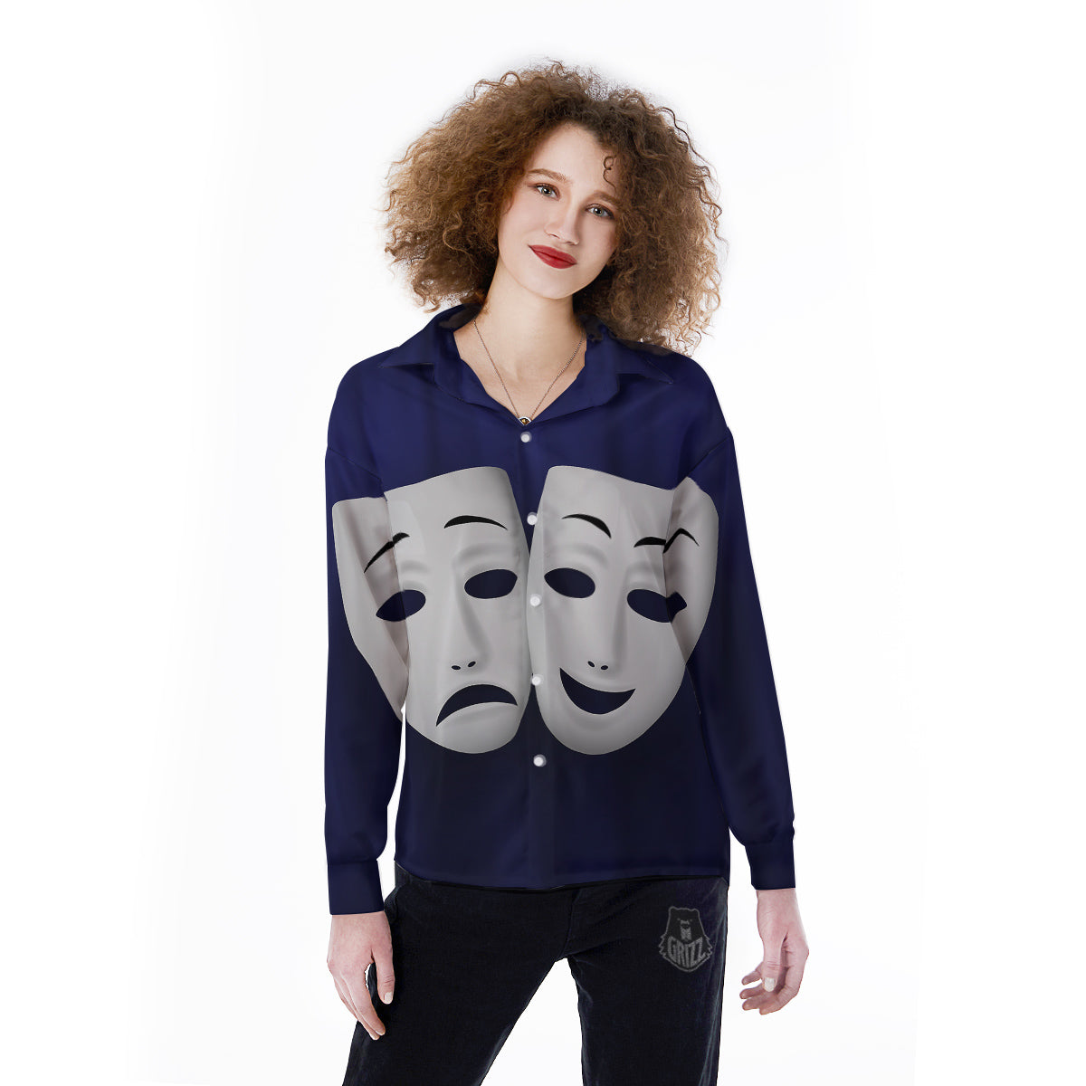 Theater Masks Tragedy And Comedy Print Women's Long Sleeve Shirts-grizzshop