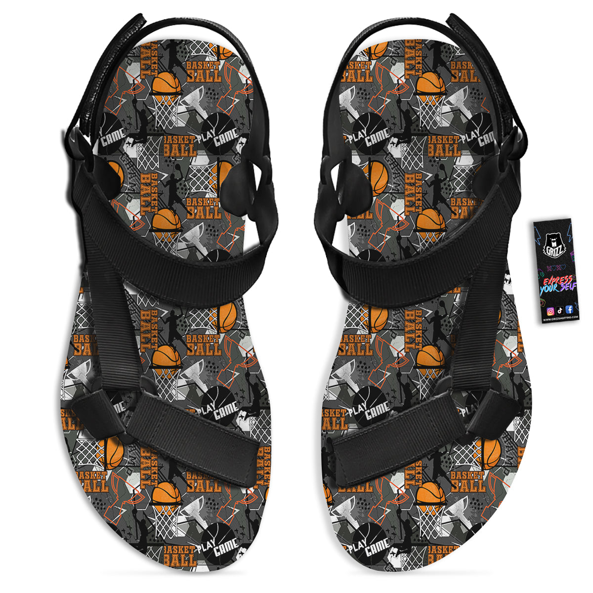 Theme Basketball Print Pattern Black Open Toe Sandals-grizzshop