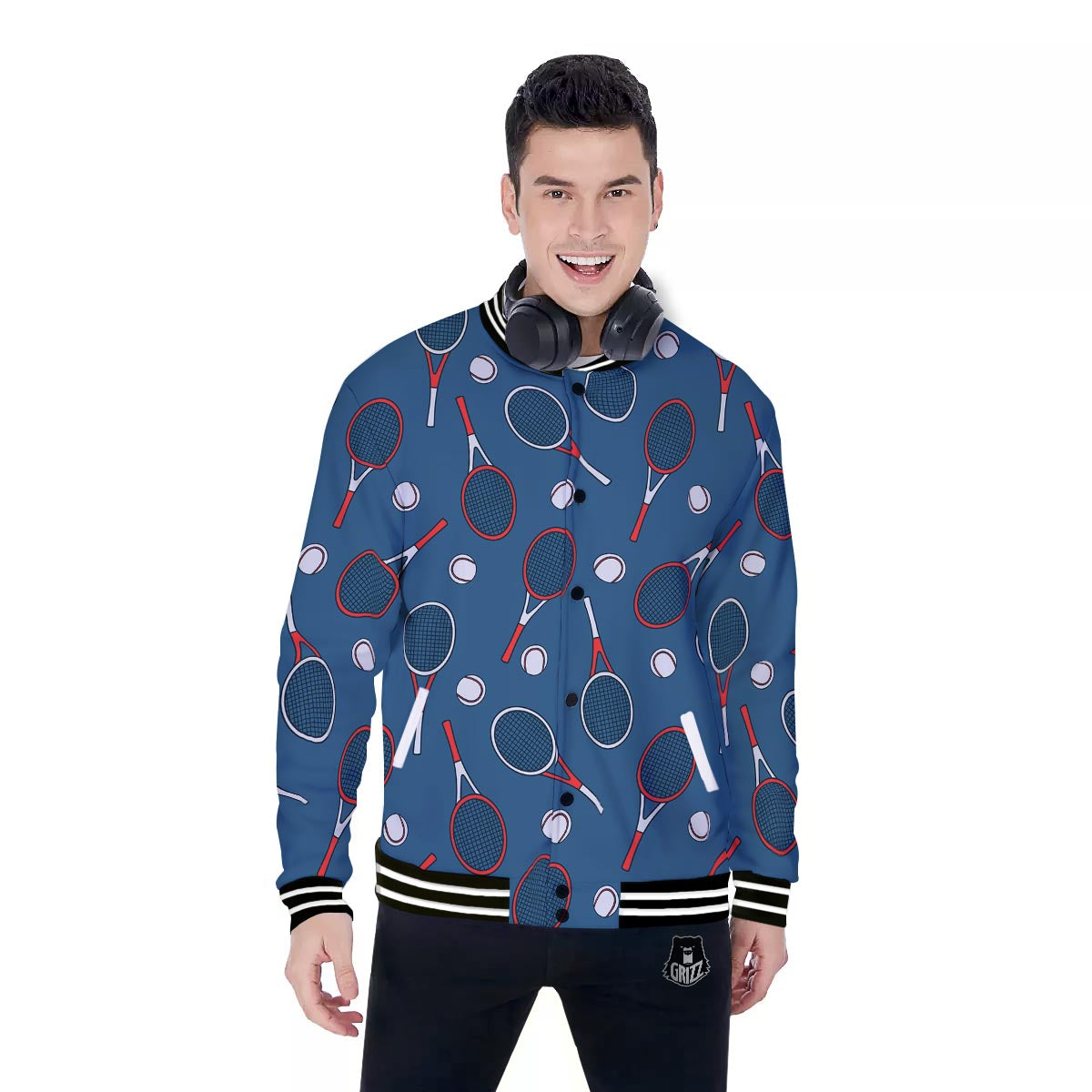 Theme Tennis Print Pattern Baseball Jacket-grizzshop
