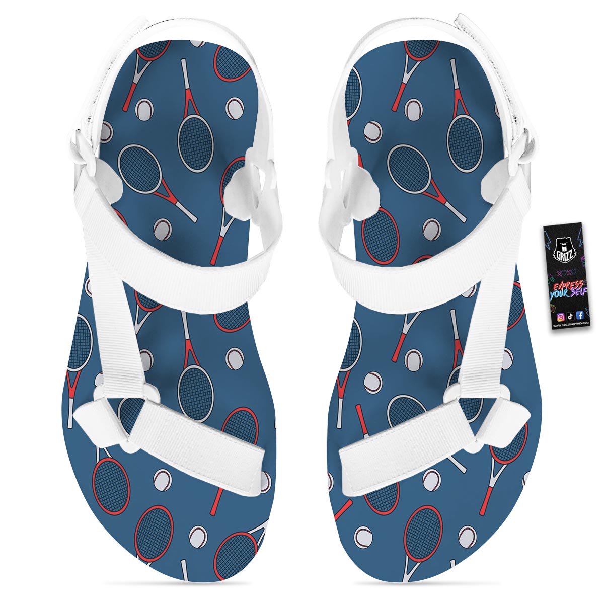 Theme Tennis Print Pattern White Open Toe Sandals-grizzshop