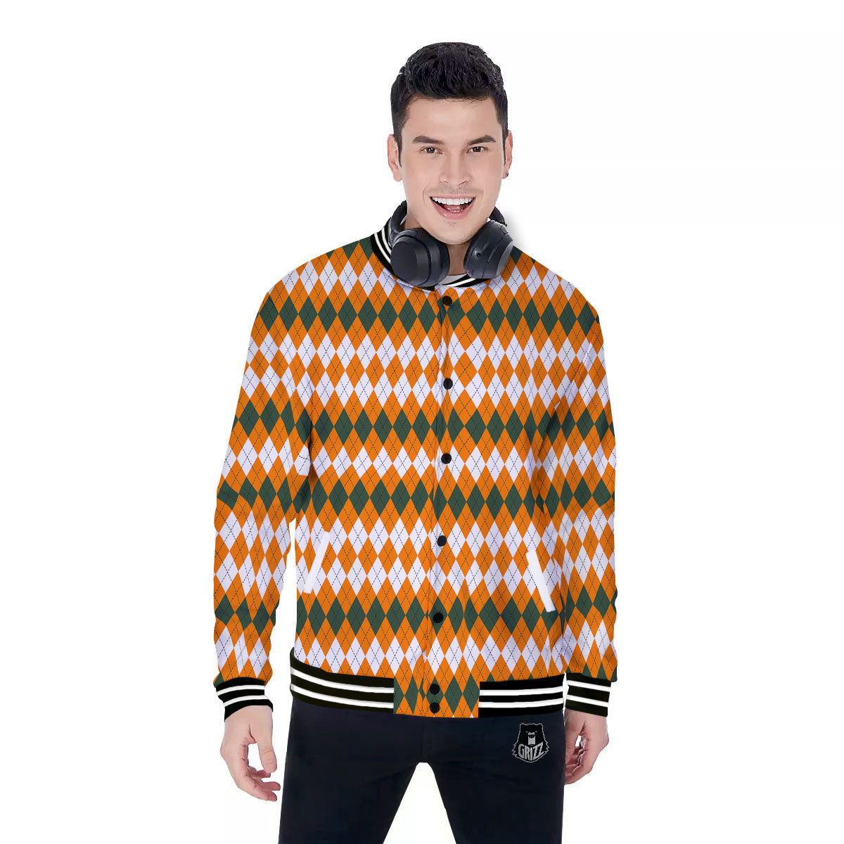 Themed Argyle Halloween Print Pattern Baseball Jacket-grizzshop