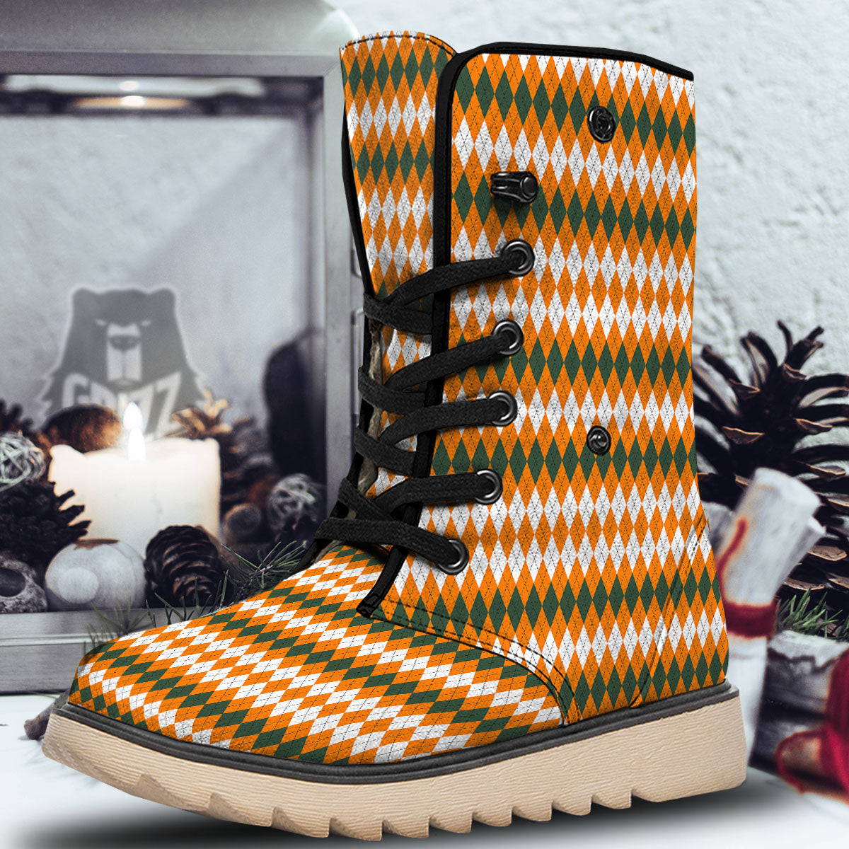 Themed Argyle Halloween Print Pattern Snow Boots-grizzshop