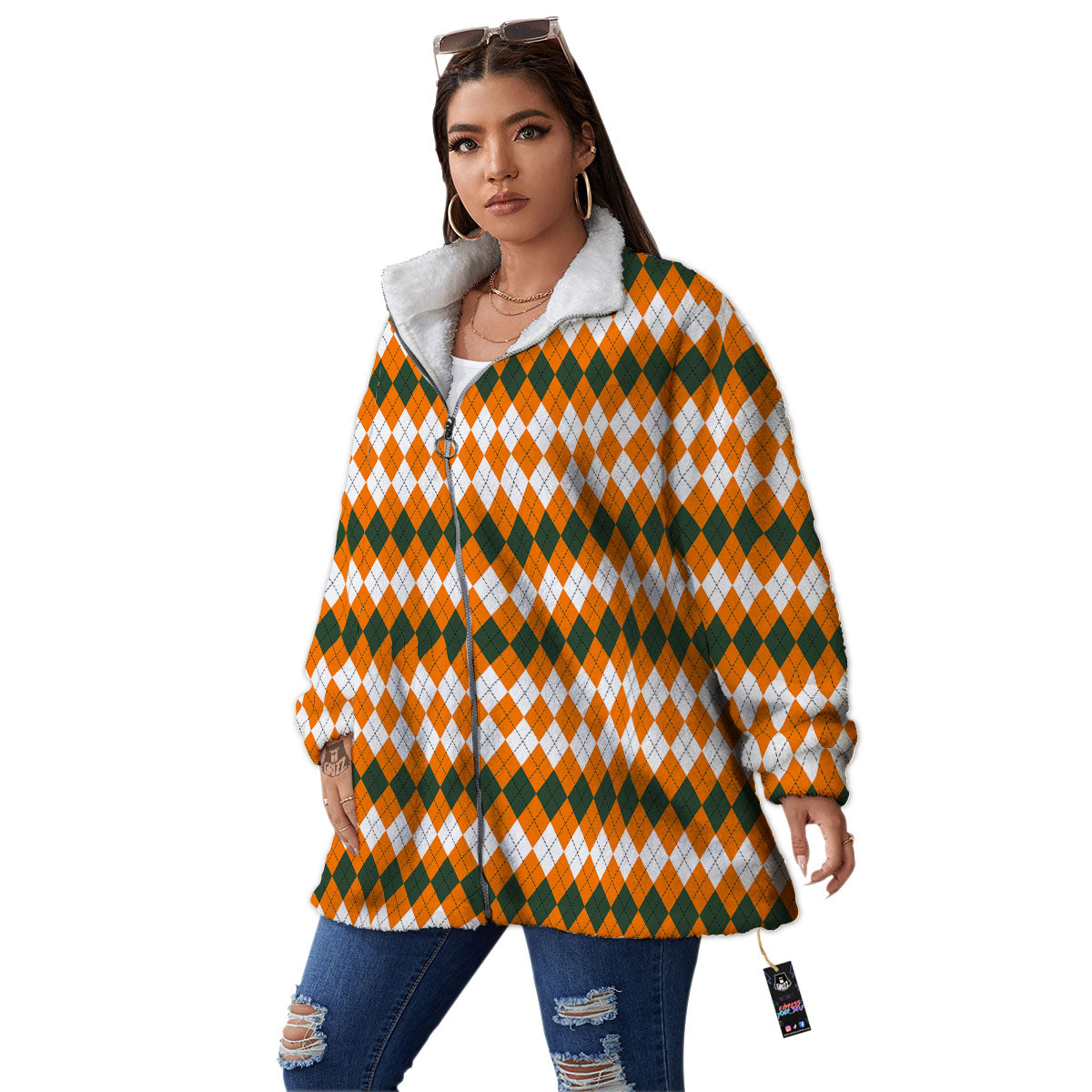 Themed Argyle Halloween Print Pattern Women's Sherpa Jacket-grizzshop