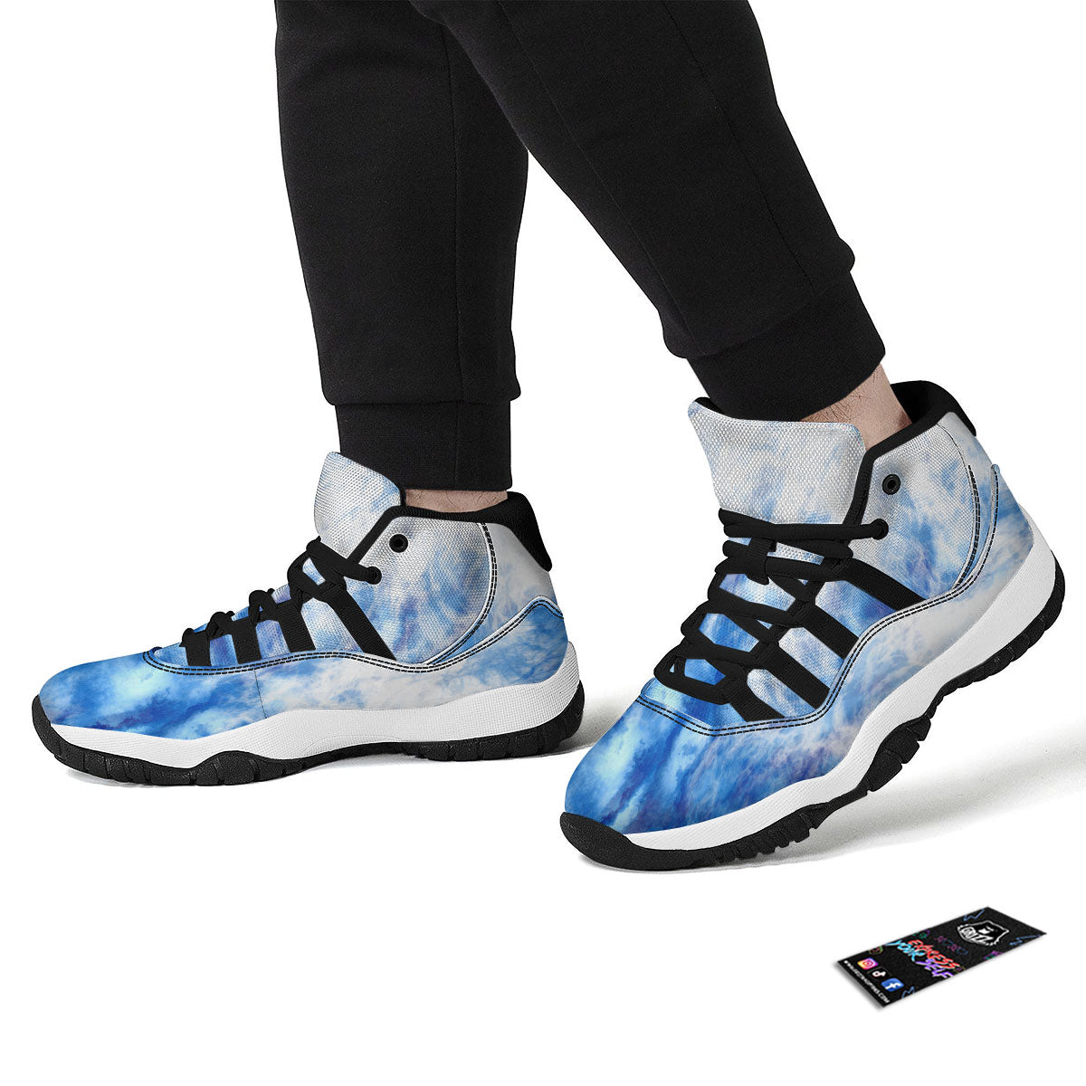 Tie Dye Acid Wash White And Blue Print Black Bball Shoes-grizzshop