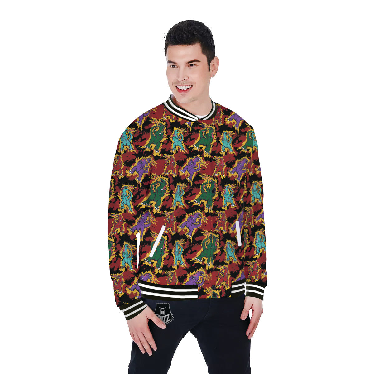 Tie Dye And Godzilla Print Pattern Baseball Jacket-grizzshop