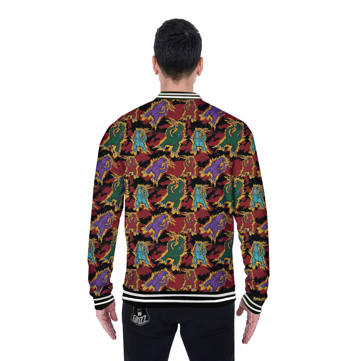 Tie Dye And Godzilla Print Pattern Baseball Jacket-grizzshop